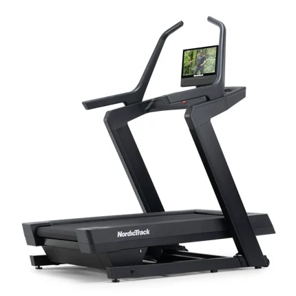 A person running on the NordicTrack X16 Treadmill, showing its 16-inch touchscreen display