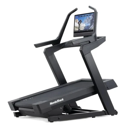 A person running on the NordicTrack X24 Treadmill, showing its large 24-inch touchscreen display