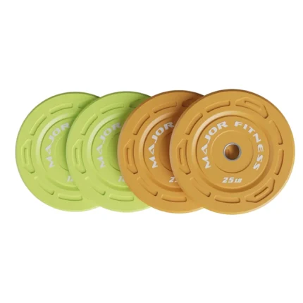 70lb Color Grip Bumper Plate Set featuring green 25lb and white 10lb pairs 70lb Color Grip Low Bounce Bumper Plate Set