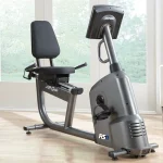 A close-up of the RS1 Lifecycle Exercise Track Connect 2.0 standard recumbent seat with its ergonomic design