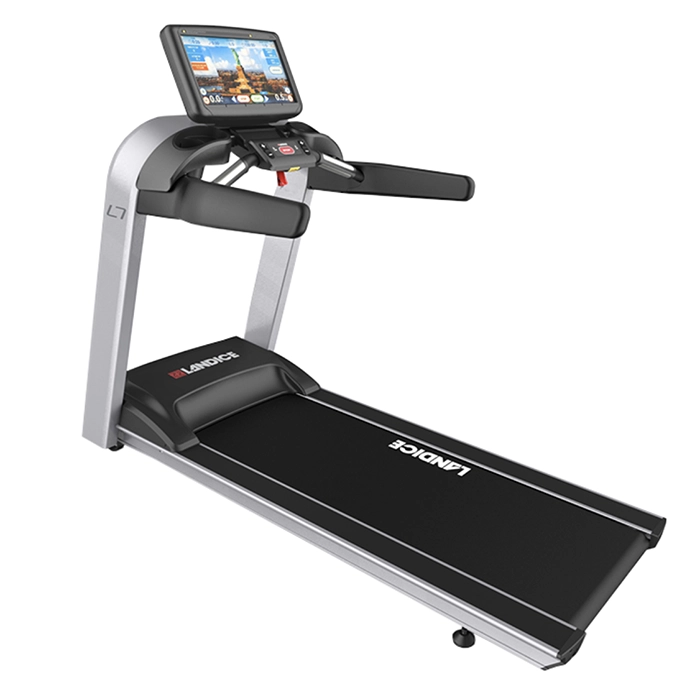 A person running comfortably on the Treadmill L7 Elite Landice, showcasing its design A person running comfortably on the Treadmill L7 Elite Landice, showcasing its design