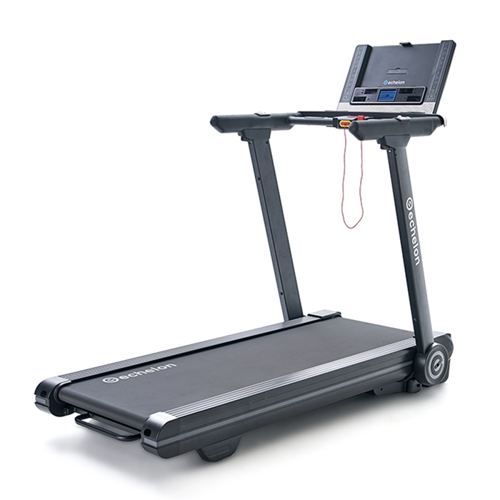 A person running on the Treadmill Stride-6 Echelon, showcasing its open-front design and tablet holder A person running on the Treadmill Stride-6 Echelon, showcasing its open-front design and tablet holder