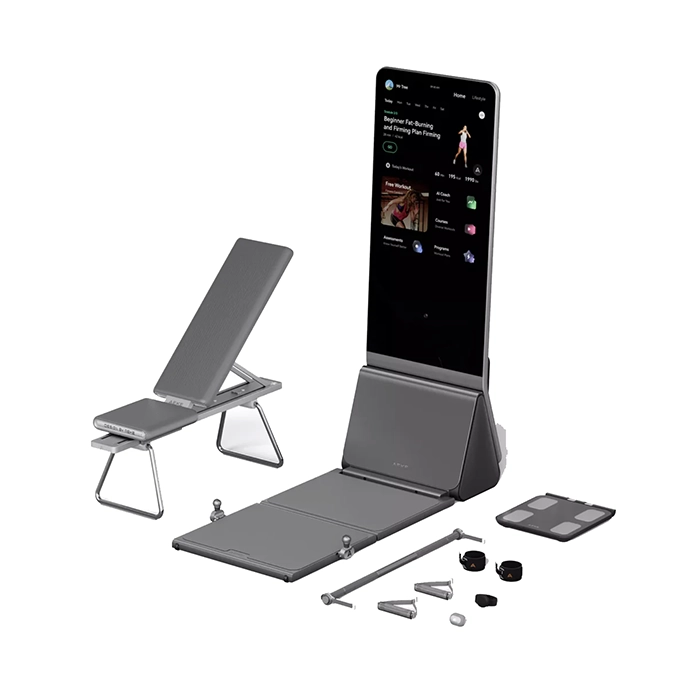 AEKE Smart Home Gym K1 B1 unfolded showing the 4K display and barbell AEKE Smart Home Gym K1 B1 unfolded showing the 4K display and barbell