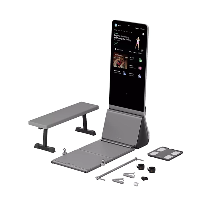 AEKE Smart Home Gym K1 B3 unfolded showing the 4K display and barbell AEKE Smart Home Gym K1 B3 unfolded showing the 4K display and barbell