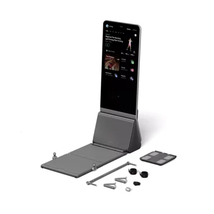 AEKE Smart Home Gym K1 Complete Set unfolded showing the 4K display and barbell