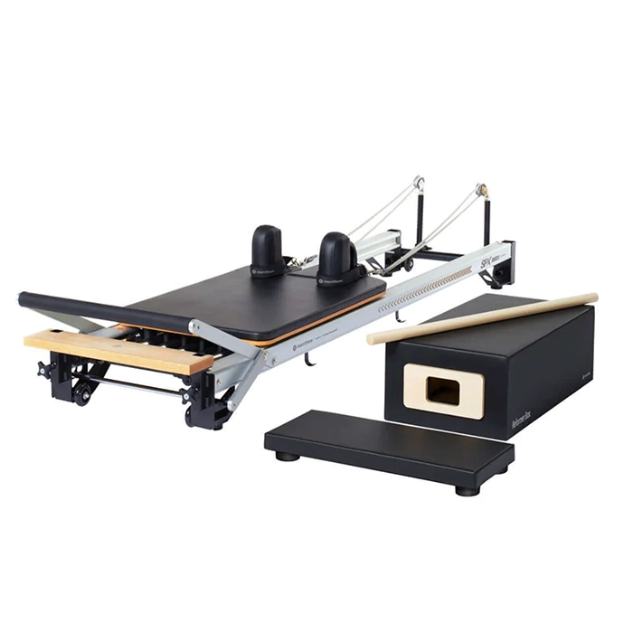 At Home SPX Reformer Deluxe Bundle with reformer box and metal pole At Home SPX Reformer Deluxe Bundle with reformer box and metal pole