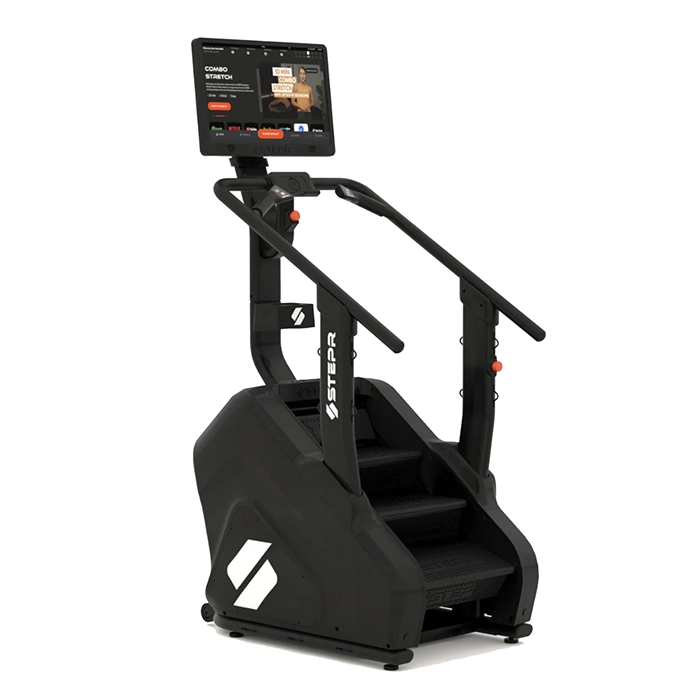 Climb STEPR Pro Connected Stair Stepper with 27-inch HD touchscreen displaying a scenic mountain climb Climb STEPR Pro Connected Stair Stepper with 27-inch HD touchscreen displaying a scenic mountain climb
