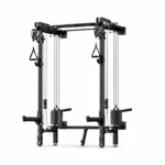 F35 Pro Wall Mount Folding Power Rack in expanded mode with red weight stacks