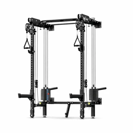 F35 Pro Wall Mount Folding Power Rack in expanded mode with red weight stacks