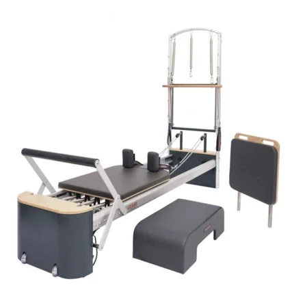 Fitkon Pro Plus Reformer with Tower with Tower featuring premium wood base and stainless steel tower