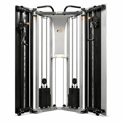 Free Standing F9 Functional Trainer 200 LB in a modern home gym with doors open and pulleys ready for use