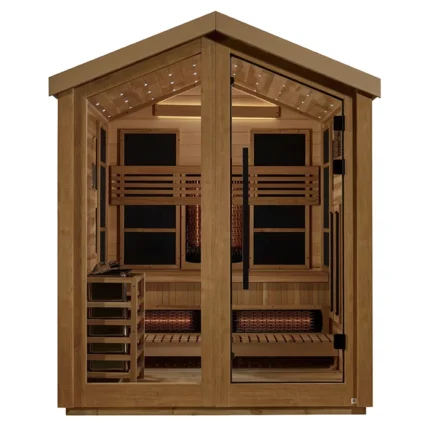 Front exterior view of the Loviisa 3 Person Outdoor Hybrid Sauna in a backyard setting