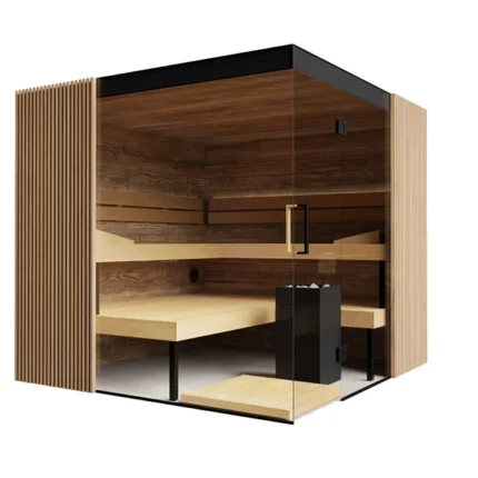 Front view of the Aalto 4 Person Traditional Sauna showcasing its semi-panoramic glass and brushed Tyrol wood