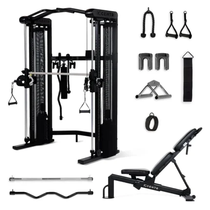 Front view of the Centr 3 Fully Loaded Bundle featuring the functional trainer, Smith bar, and adjustable bench