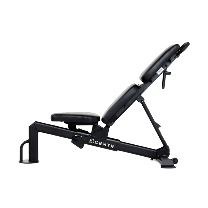 Front view of the Centr Multi Adjustable Workout Bench set in a flat position Front view of the Centr Multi Adjustable Workout Bench set in a flat position