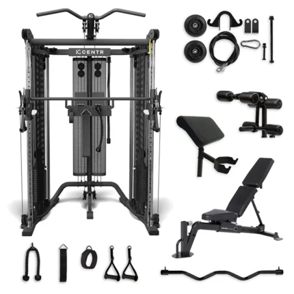 Front view of the Centr SF6 Fully Loaded Bundle featuring the functional trainer, Smith bar, and adjustable bench