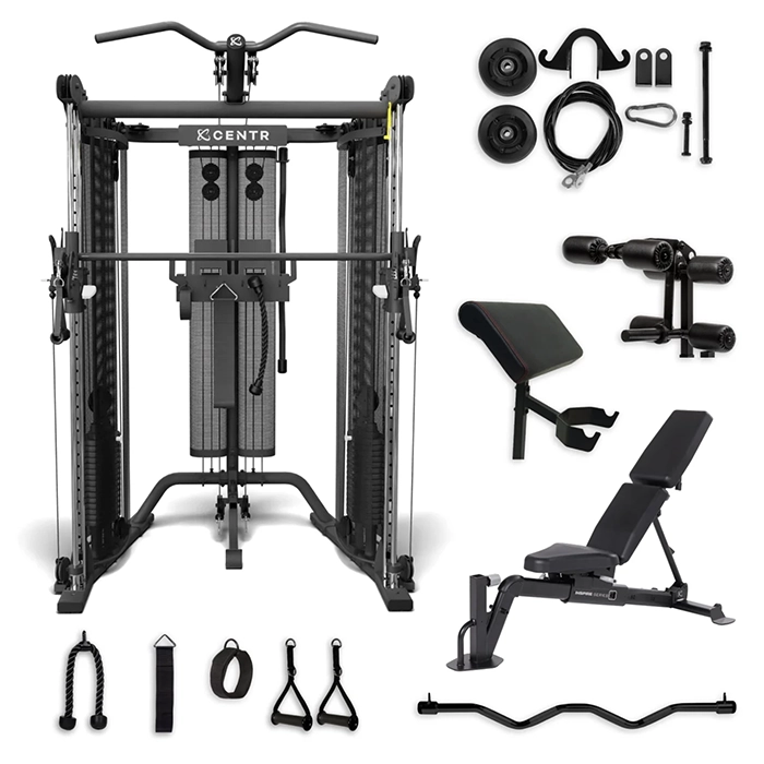 Front view of the Centr SF6 Fully Loaded Bundle featuring the functional trainer, Smith bar, and adjustable bench Front view of the Centr SF6 Fully Loaded Bundle featuring the functional trainer, Smith bar, and adjustable bench