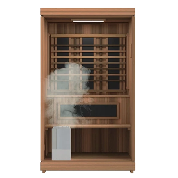 Front view of the Finnmark FD 4 Trinity 2 Person Hybrid Sauna showing its clean glass door and wood finish Front view of the Finnmark FD 4 Trinity 2 Person Hybrid Sauna showing its clean glass door and wood finish