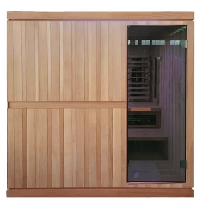 Front view of the Finnmark FD 5 Trinity XL Hybrid Sauna showcasing its 8mm tempered glass door and aspen exterior sauna