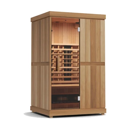 Front view of the Finnmark FD2 Full Spectrum Sauna Infrared Sauna showcasing its glass door and exterior