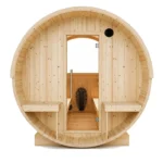 Front view of the Helsinki 4 Person Barrel Sauna with Terrace featuring an integrated terrace and glass door