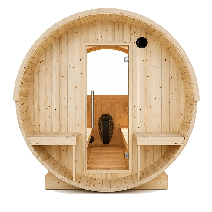 Front view of the Helsinki 4 Person Barrel Sauna with Terrace featuring an integrated terrace and glass door Front view of the Helsinki 4 Person Barrel Sauna with Terrace featuring an integrated terrace and glass door