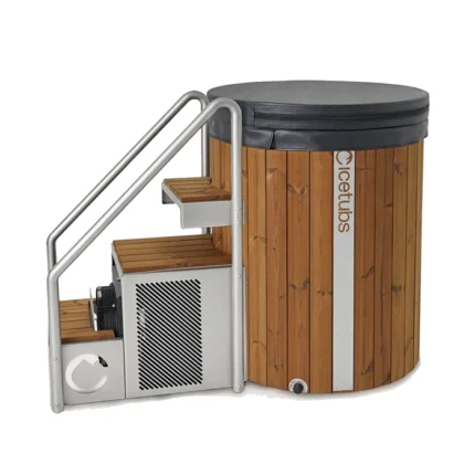 Front view of the Icetubs Ice Barrel XL Cold Plunge tub with Thermowood styling and engine cover stairs in an outdoor setting