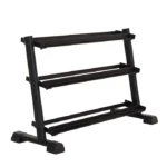 Front view of the Inspire Fitness 3 Tier Dumbbell Rack loaded with multiple pairs of dumbbells