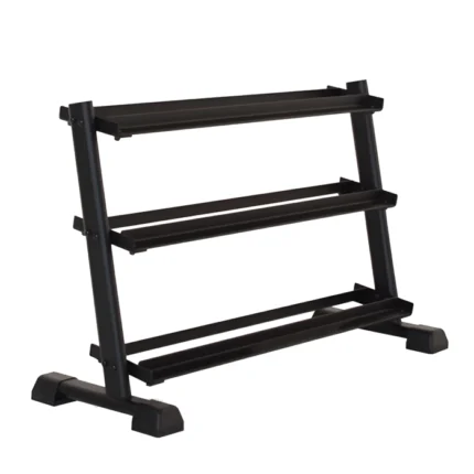 Front view of the Inspire Fitness 3 Tier Dumbbell Rack loaded with multiple pairs of dumbbells