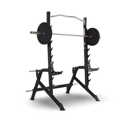 Front view of the Inspire Fitness Squat Rack set up in a home gym