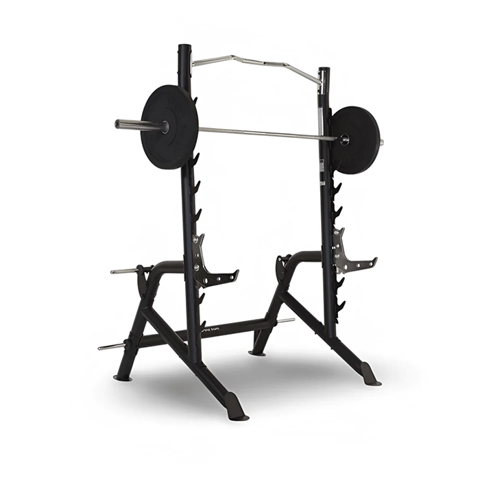 Front view of the Inspire Fitness Squat Rack set up in a home gym Front view of the Inspire Fitness Squat Rack set up in a home gym