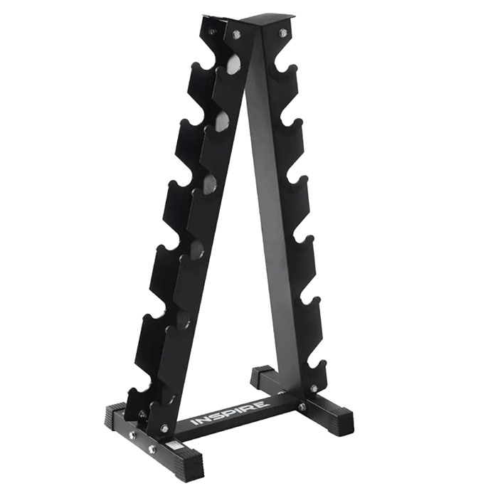 Front view of the Inspire Fitness Vertical Dumbbell Rack loaded with multiple pairs of dumbbells Front view of the Inspire Fitness Vertical Dumbbell Rack loaded with multiple pairs of dumbbells