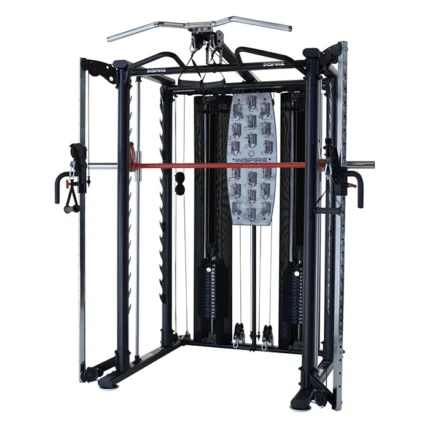 Front view of the Inspire SCS Smith Cage System installed in a gym