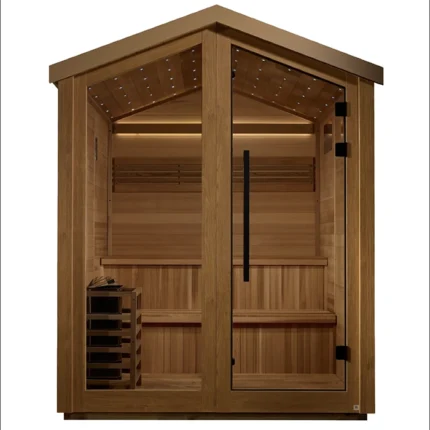 Front view of the Kaarina 6 Person Outdoor Traditional Sauna in a landscaped backyard setting