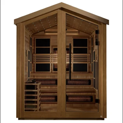 Front view of the Kaskinen 6 Person Outdoor Hybrid Sauna with weather-resistant exterior and glass door