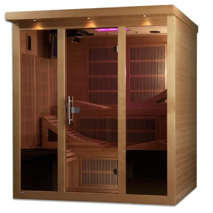 Front view of the Monaco 6 Person Low EMF Infrared Sauna in a modern indoor wellness space