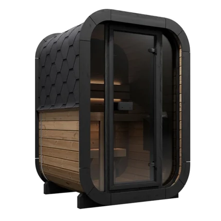 Front view of the SaunaLife CL3G 2 Person Outdoor Cube Sauna with bronze glass in a backyard