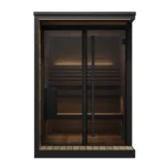 Front view of the SaunaLife GL4 4 Person Outdoor Sauna with glass front and integrated porch in a backyard