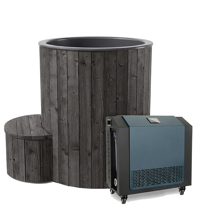 Front view of the SaunaLife S1BC Hot and Cold Immersion Tub in a modern outdoor setting Front view of the SaunaLife S1BC Hot and Cold Immersion Tub in a modern outdoor setting