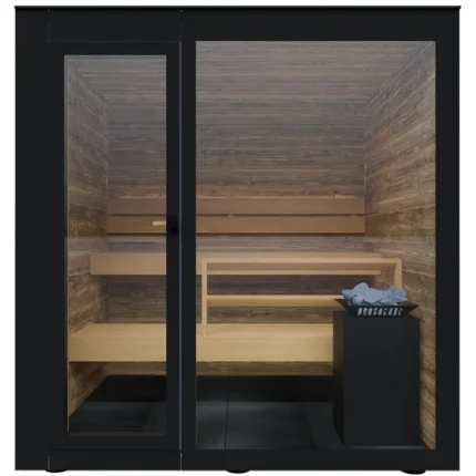 Front view of the Spectra 4 Person Outdoor Traditional Sauna with dark grey glass in a backyard
