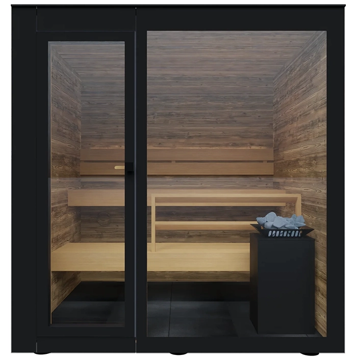 Front view of the Spectra 4 Person Outdoor Traditional Sauna with dark grey glass in a backyard Front view of the Spectra 4 Person Outdoor Traditional Sauna with dark grey glass in a backyard