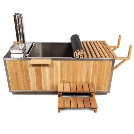 Front view of the Starlight Wood Burning Cedar Hot Tub Knotty with roll-up cover in a natural setting