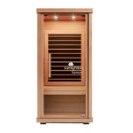 Front view of the Sunlighten Signature 1 Person Sauna showing its sleek glass door and wood exterior