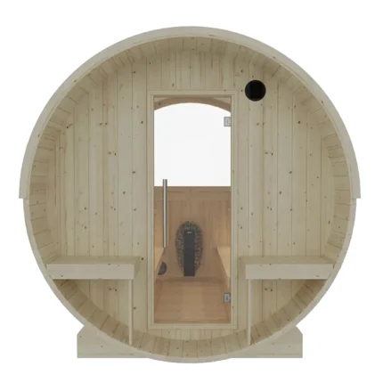 Front view of the Turku 6 Person Barrel Sauna with Terrace featuring an integrated terrace and glass door
