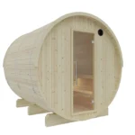 Front view of the Vassa 6 Person Outdoor Barrel Sauna with glass door in a backyard setting