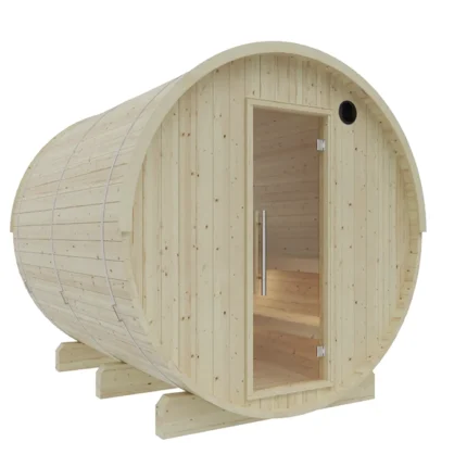 Front view of the Vassa 6 Person Outdoor Barrel Sauna with glass door in a backyard setting