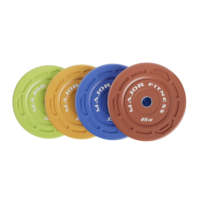 Full 230lb Color Grip Bumper Plate Set stacked showing white, green, yellow, and blue colors 230lb Color Grip Bumper Plate Set Full 230lb Color Grip Bumper Plate Set stacked showing white, green, yellow, and blue colors 230lb Color Grip Bumper Plate Set