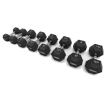 Full Technogym Hexagon Dumbbell Bundle displayed on a professional weight rack