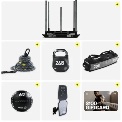 Full layout of the Hyrox Mens Open Bundle featuring competition weights and training tools