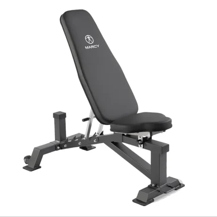 Marcy Deluxe Utility Bench set to an incline position with the preacher curl pad attached